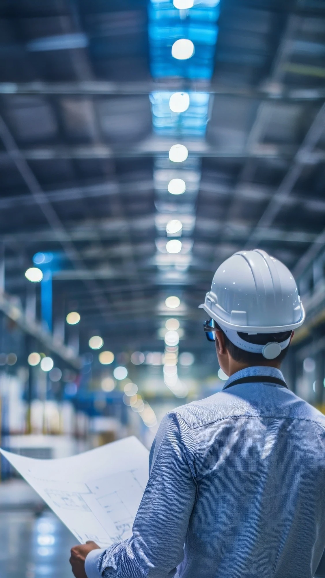 Profissional de engenharia com capacete e prancha técnica em um ambiente industrial